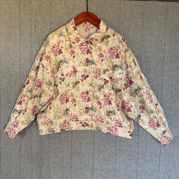 100% Linen Oatmeal Burgundy Blue Sage Green Brown Floral Print Jacket Size XL - Picture 1 of 13